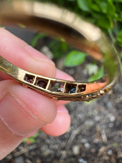 Antique Edwardian English 18ct yellow gold five stone 0.45ct TCW old European cut diamond and 0.42ct TCW sapphire ring