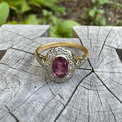 Vintage 18ct yellow gold 0.55ct pink sapphire and single cut diamond cluster ring