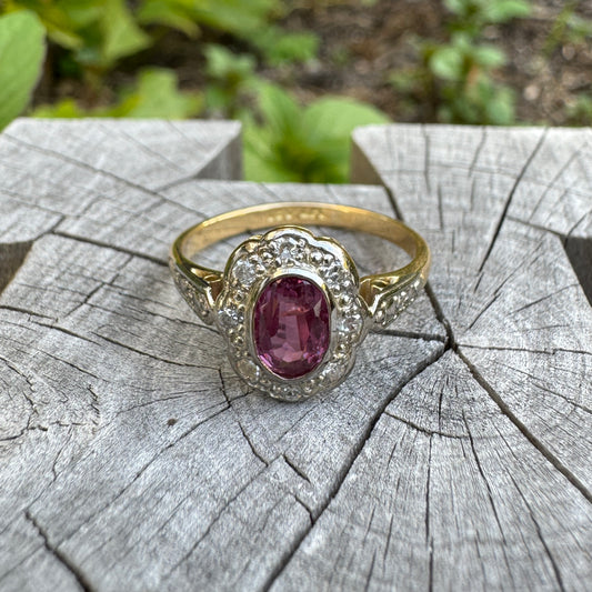 Vintage 18ct yellow gold 0.55ct pink sapphire and single cut diamond cluster ring
