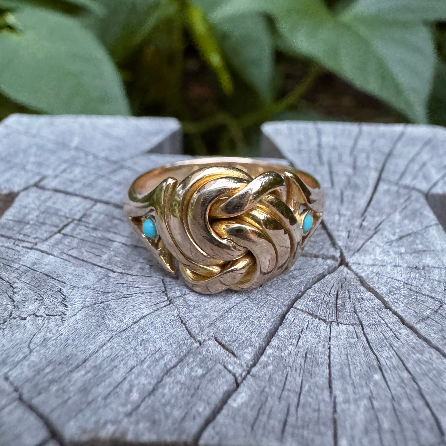 Antique Edwardian 18ct yellow gold turquoise cabochon knot ring