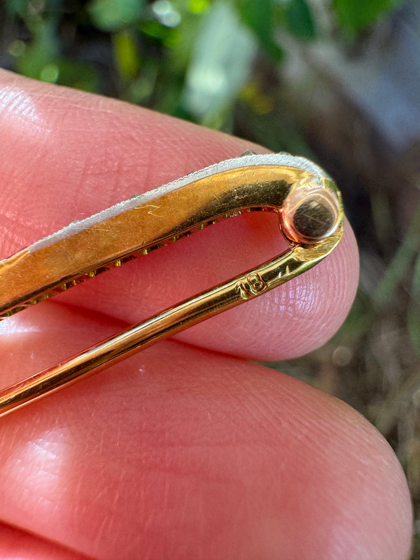Antique 18ct yellow gold calibre cut ruby and rose cut diamond safety pin brooch/chain extender