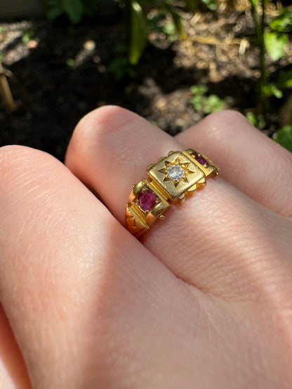 Vintage 18ct yellow gold 0.12ct old mine cut diamond and 0.25ct TCW natural pink sapphire starset gypsy ring