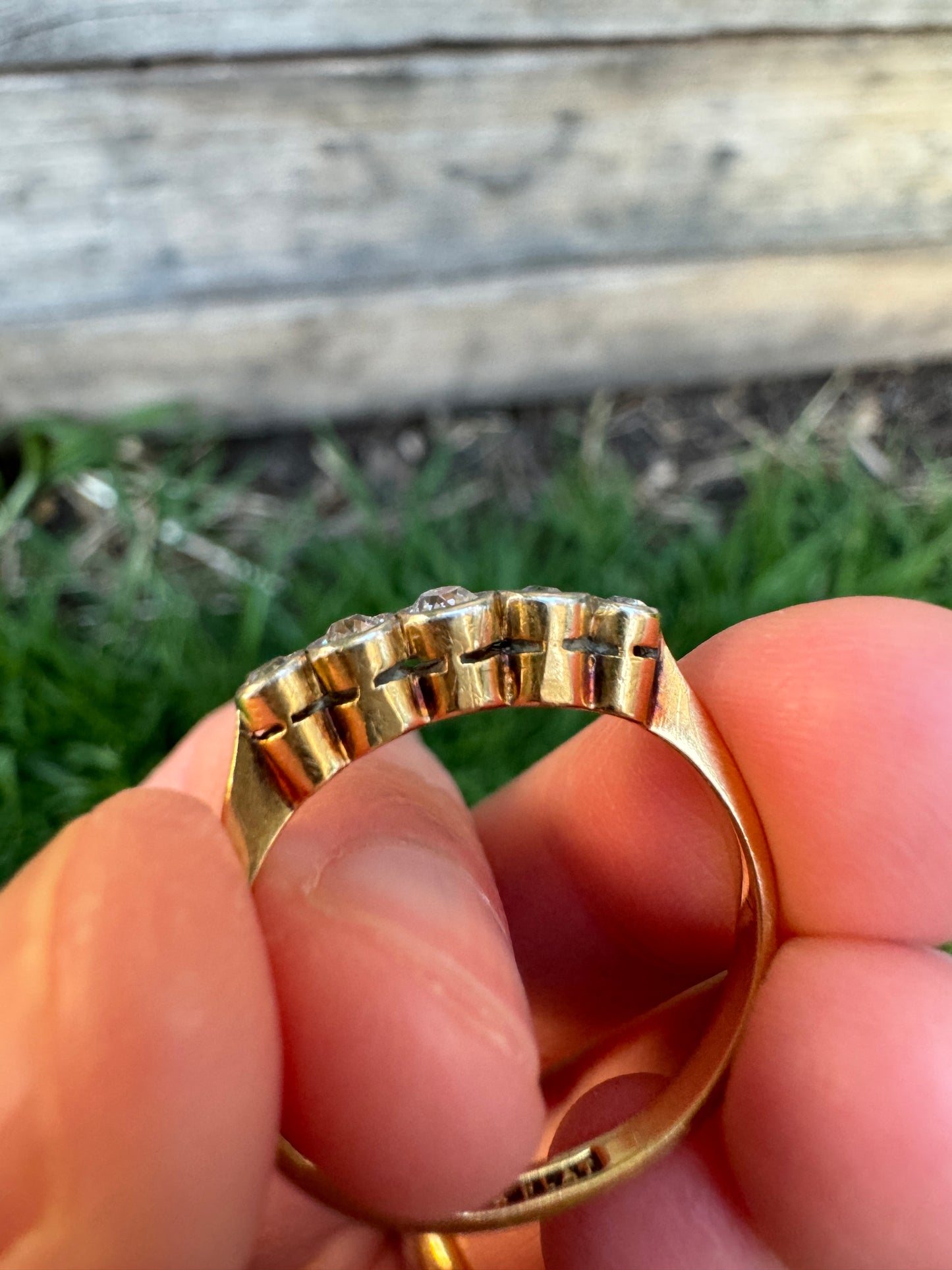 Vintage 18ct yellow gold and platinum 0.22ct TCW five stone bezel set old European cut diamond ring
