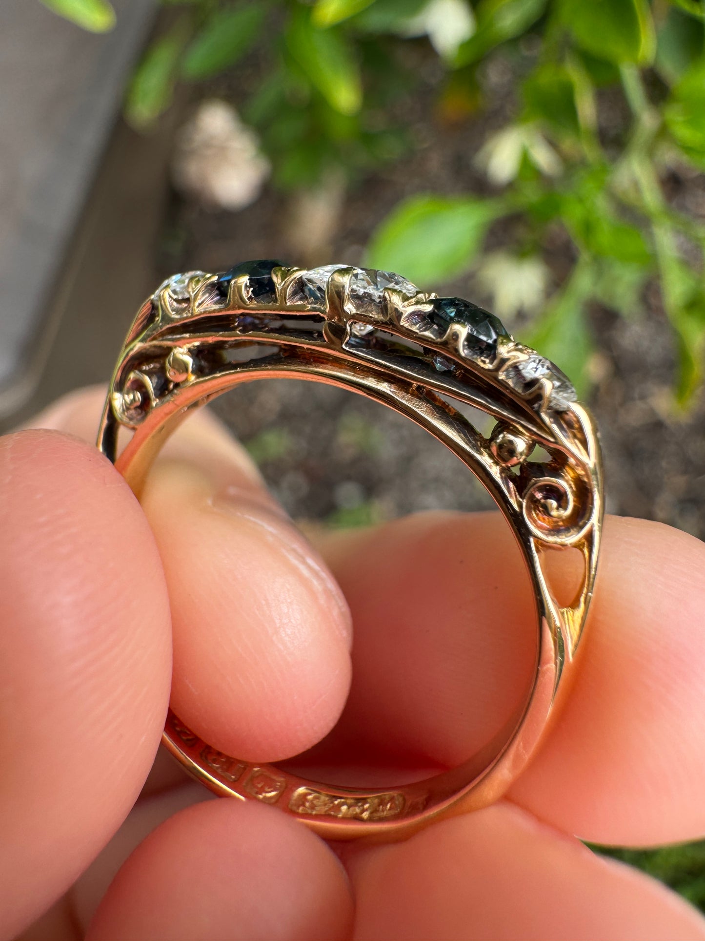 Antique Edwardian English 18ct yellow gold five stone 0.45ct TCW old European cut diamond and 0.42ct TCW sapphire ring