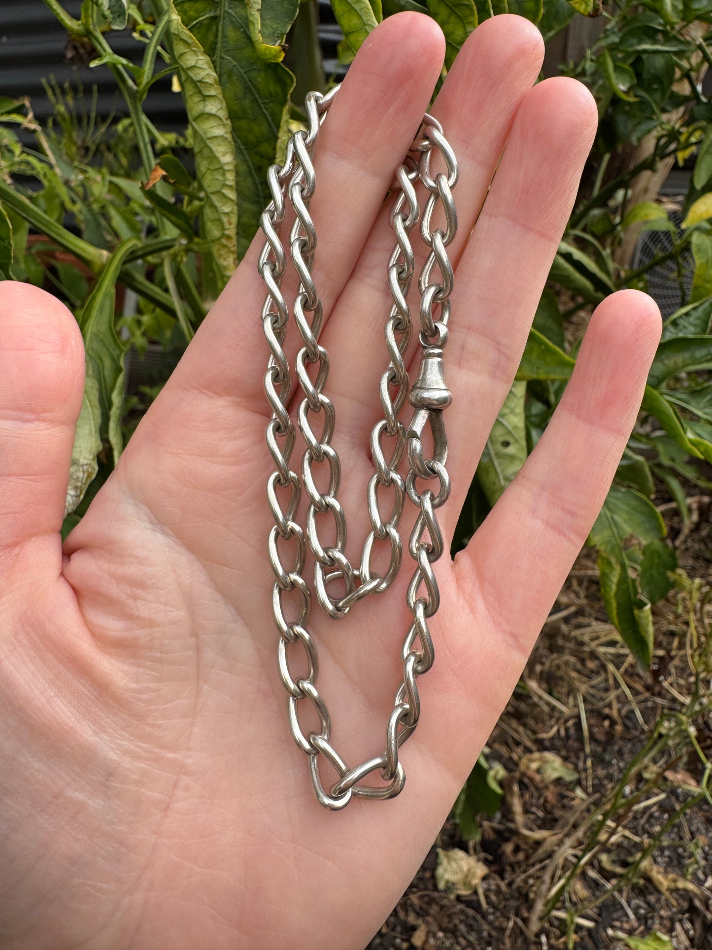 Vintage silver oval link chain with dog clip, 39cm / 15.35 inches long
