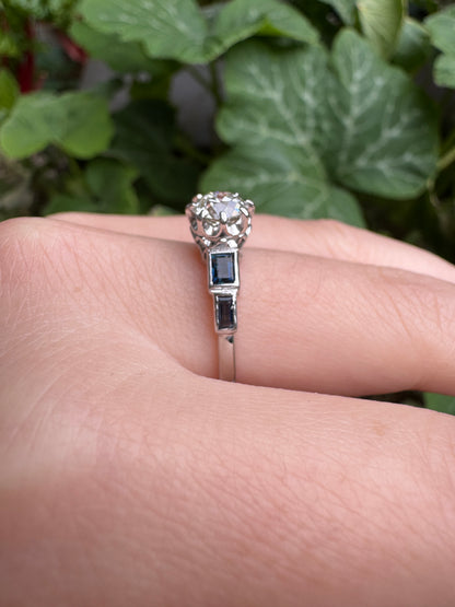 Antique 18ct white gold 0.87ct old European cut diamond and 0.5ct TCW baguette cut natural sapphire ring