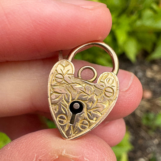Vintage 9ct yellow gold engraved heart padlock charm