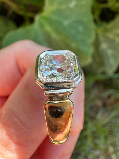 Vintage Mid Century English 9ct yellow and white gold 0.91ct old mine cut diamond signet ring