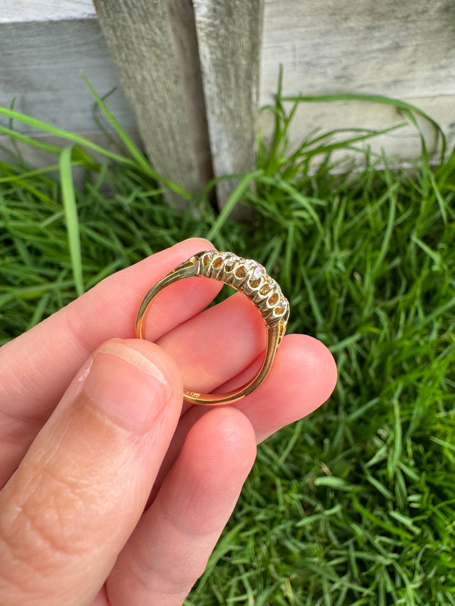 Vintage 18ct yellow gold five stone 0.44ct TCW old mine cut diamond boat ring