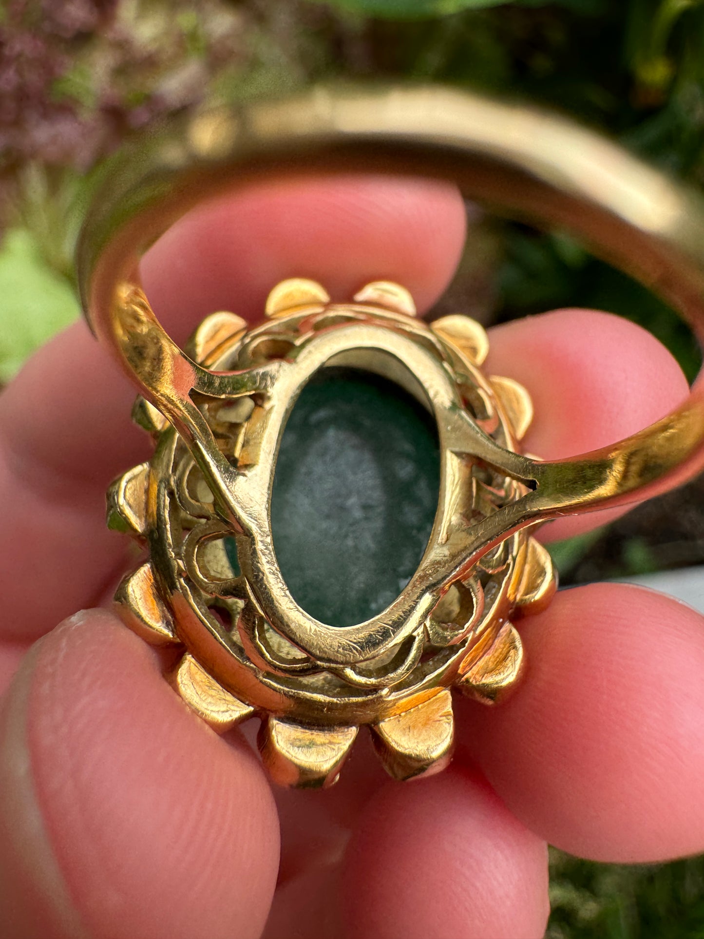 Vintage French 18ct yellow gold sugarloaf emerald cabochon and pearl ring