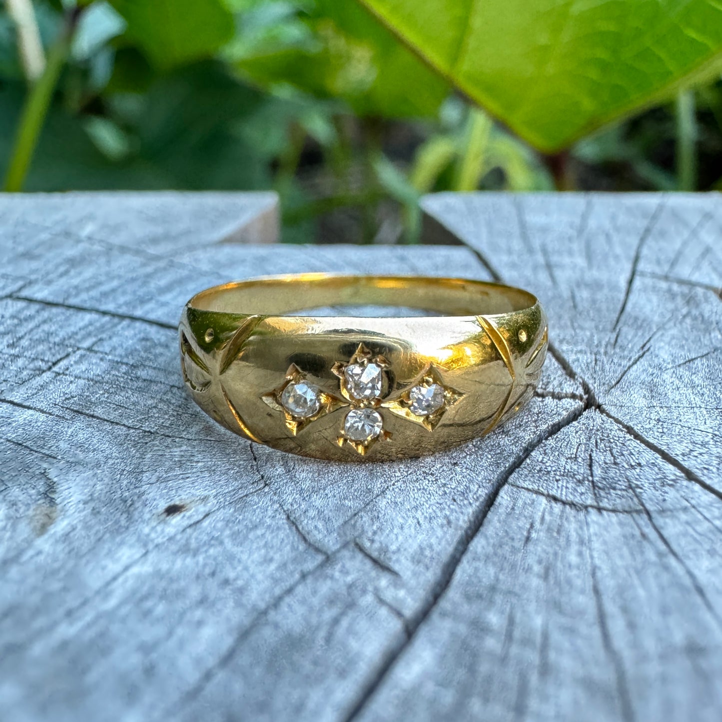 Vintage 18ct yellow gold four stone 0.13ct TCW old cut diamond gypsy ring