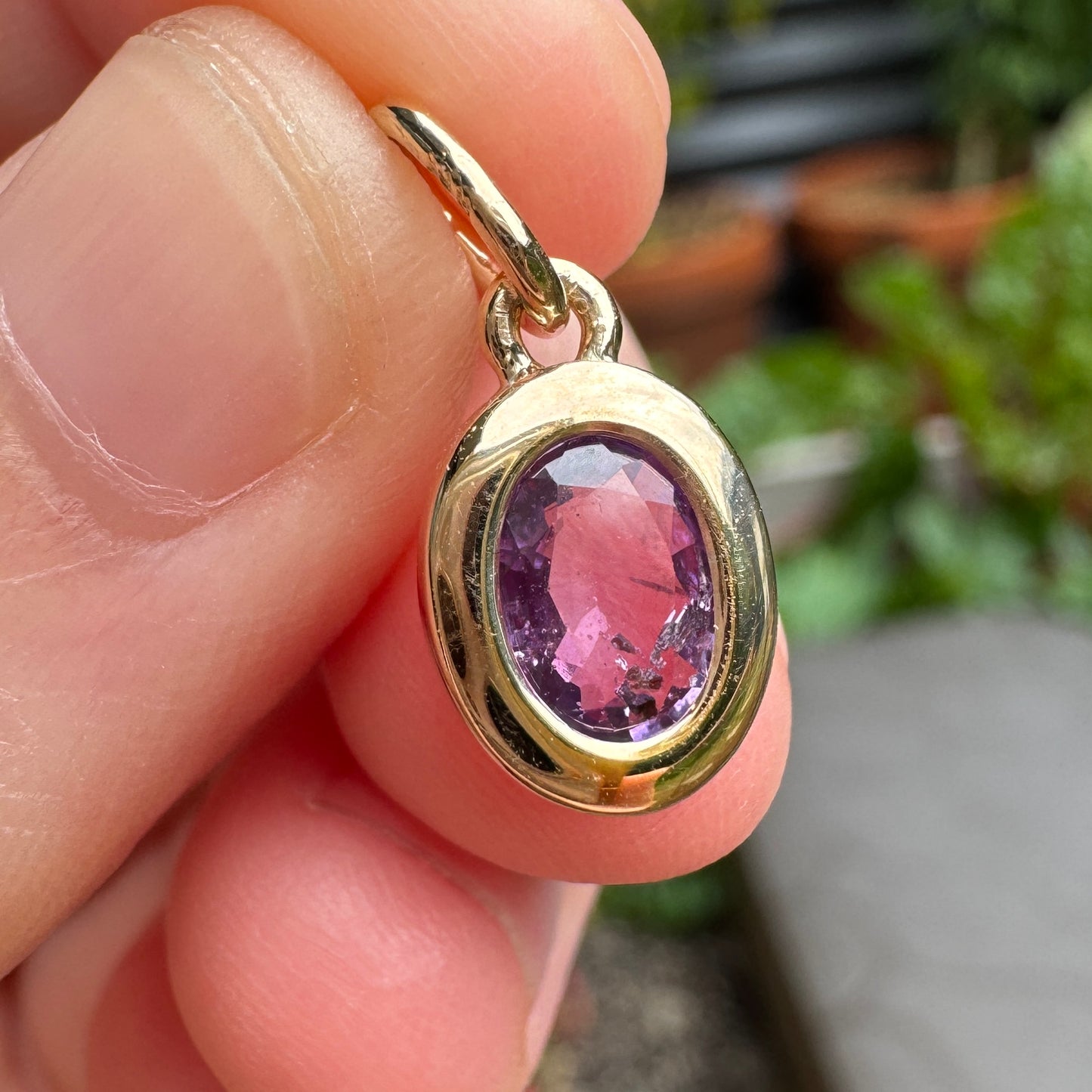 Custom handmade 9ct yellow gold 0.98ct natural purple sapphire bezel set pendant
