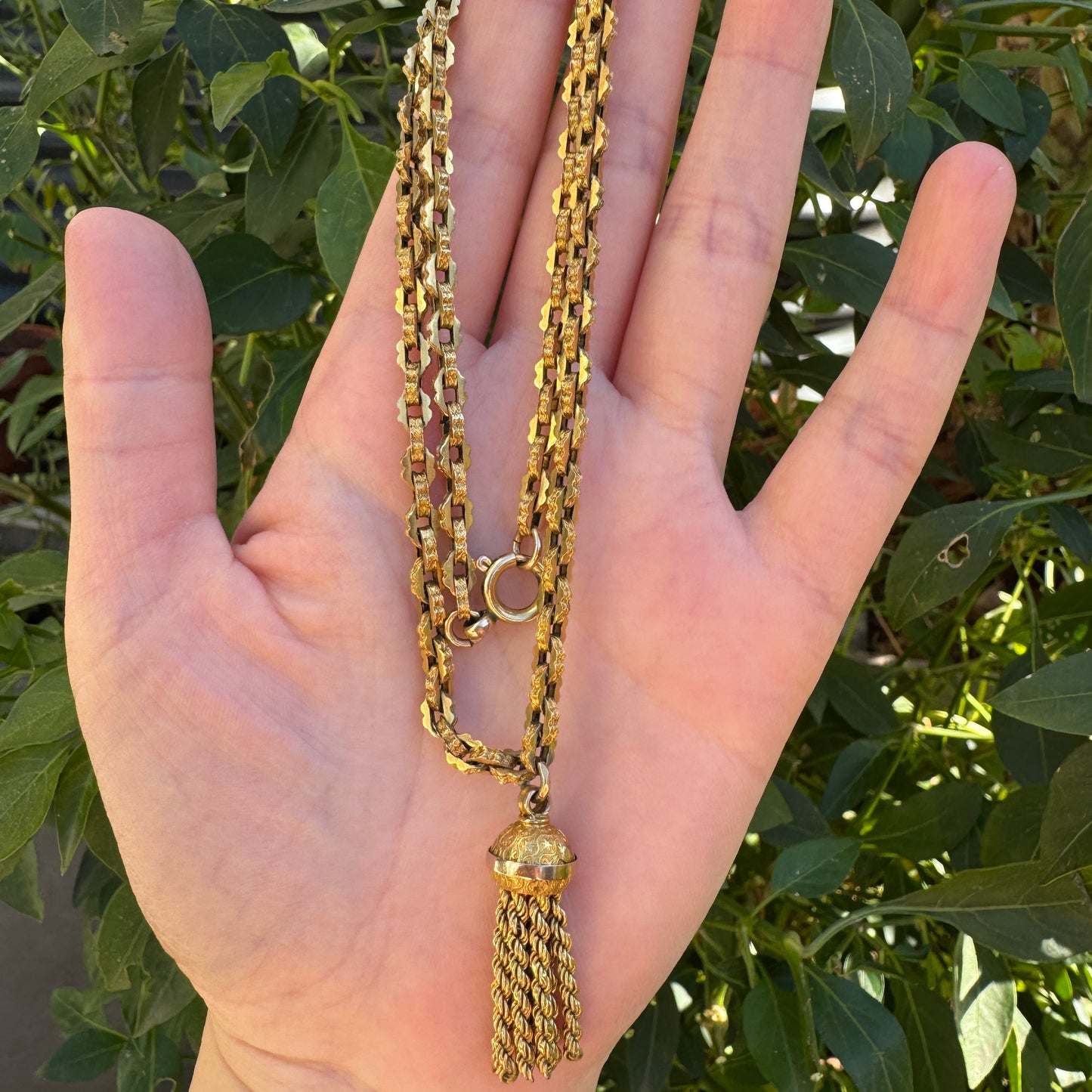 Antique 9ct gold book chain necklace with tassel, 43.5cm / 17.13 inches long