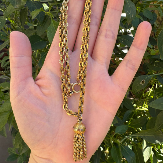 Antique 9ct gold book chain necklace with tassel, 43.5cm / 17.13 inches long