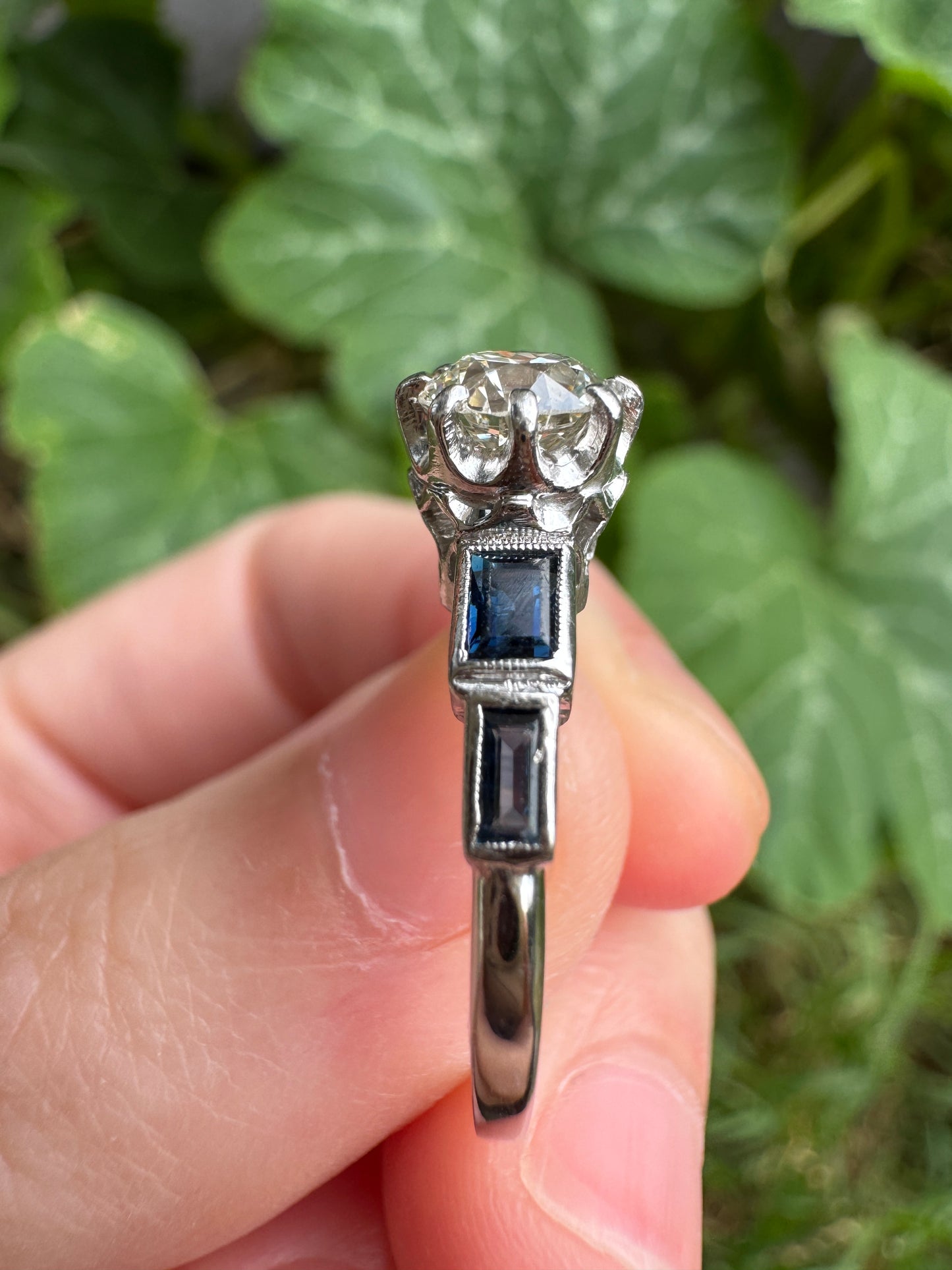 Antique 18ct white gold 0.87ct old European cut diamond and 0.5ct TCW baguette cut natural sapphire ring