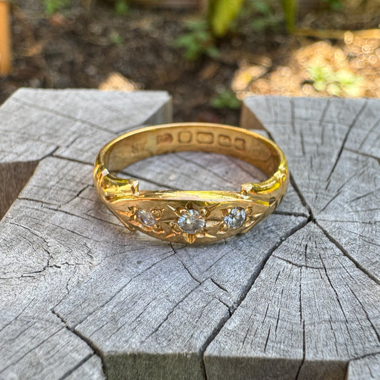 Antique 22ct yellow gold three stone 0.25ct TCW transitional cut diamond starset gypsy ring