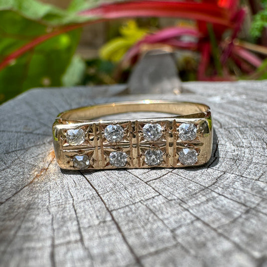 Vintage 9ct yellow gold double row 0.25ct TCW old mine cut diamond ring