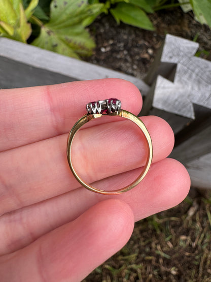 Vintage 18ct yellow gold ruby and diamond horseshoe ring