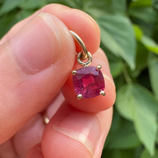 Custom 9ct yellow gold 0.83ct cushion cut ruby claw set pendant