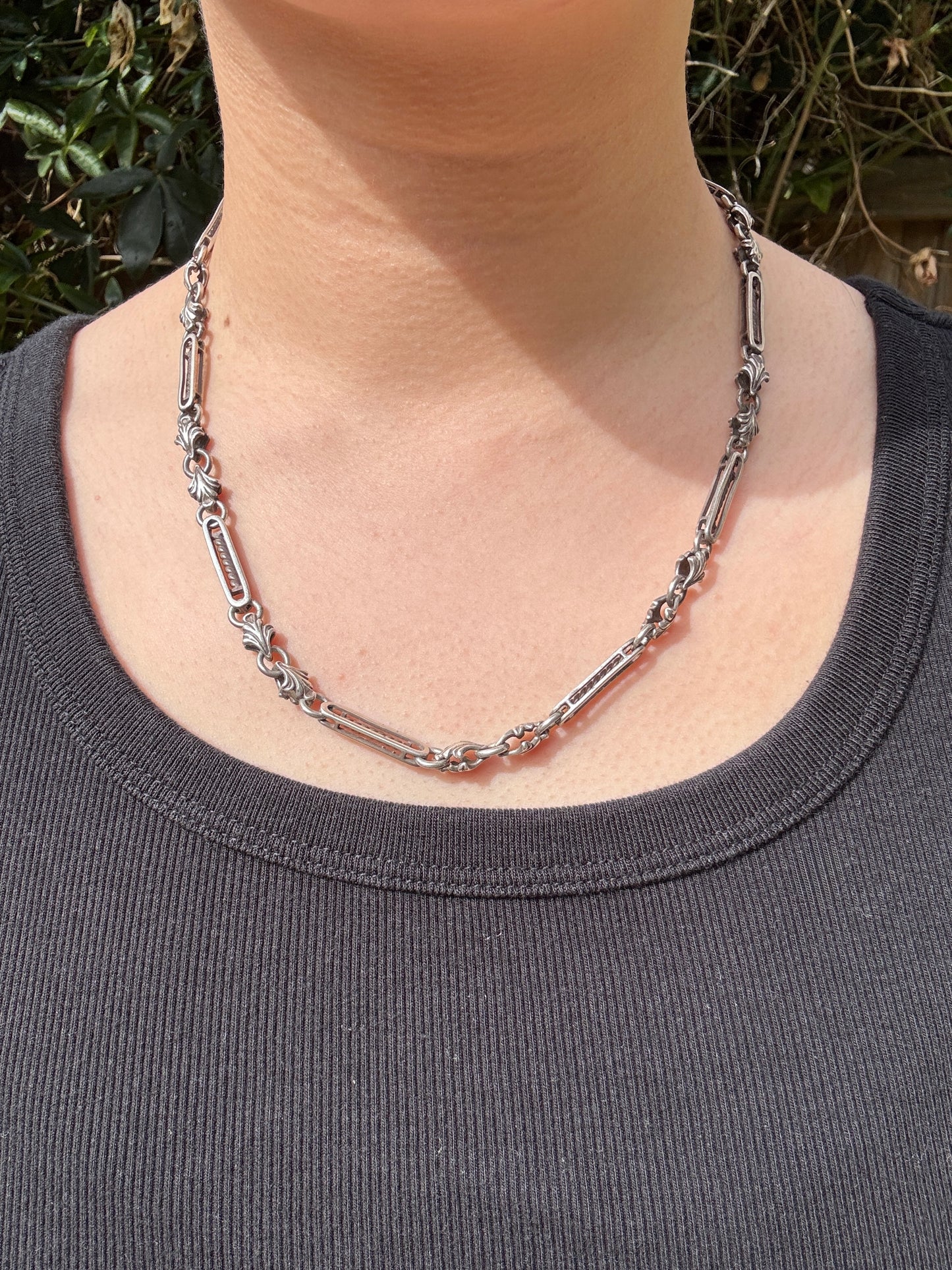 Vintage silver fancy acanthus and fetter fob chain with dog clip, 50cm / 19.69 inches long