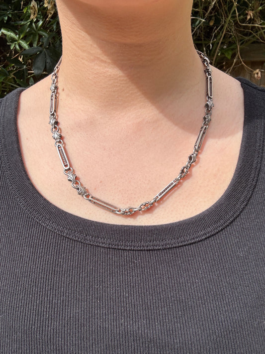 Vintage silver fancy acanthus and fetter fob chain with dog clip, 50cm / 19.69 inches long