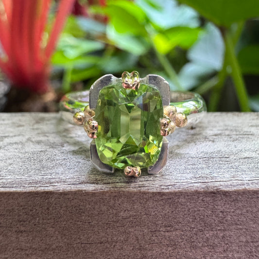 Custom handmade sterling silver and recycled 18ct yellow gold 2.54ct peridot ring