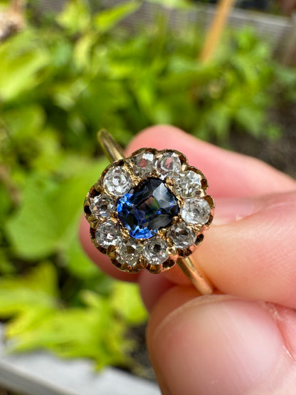 Vintage 18ct yellow gold 0.2ct old cushion cut natural sapphire and 0.3ct TCW old mine cut diamond cluster ring