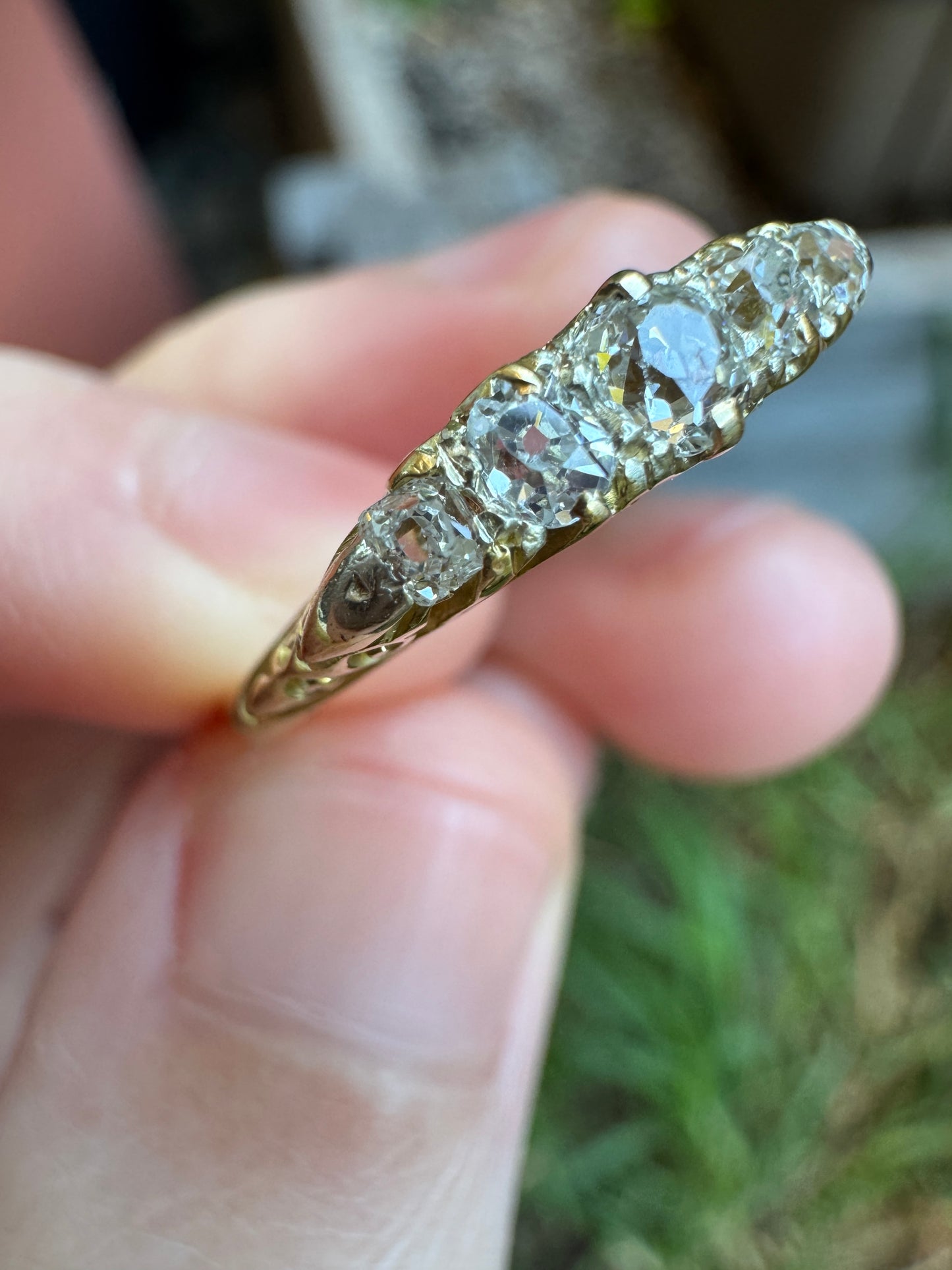 Antique 18ct gold old mine cut diamond five stone ring