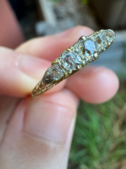 Antique 18ct gold old mine cut diamond five stone ring