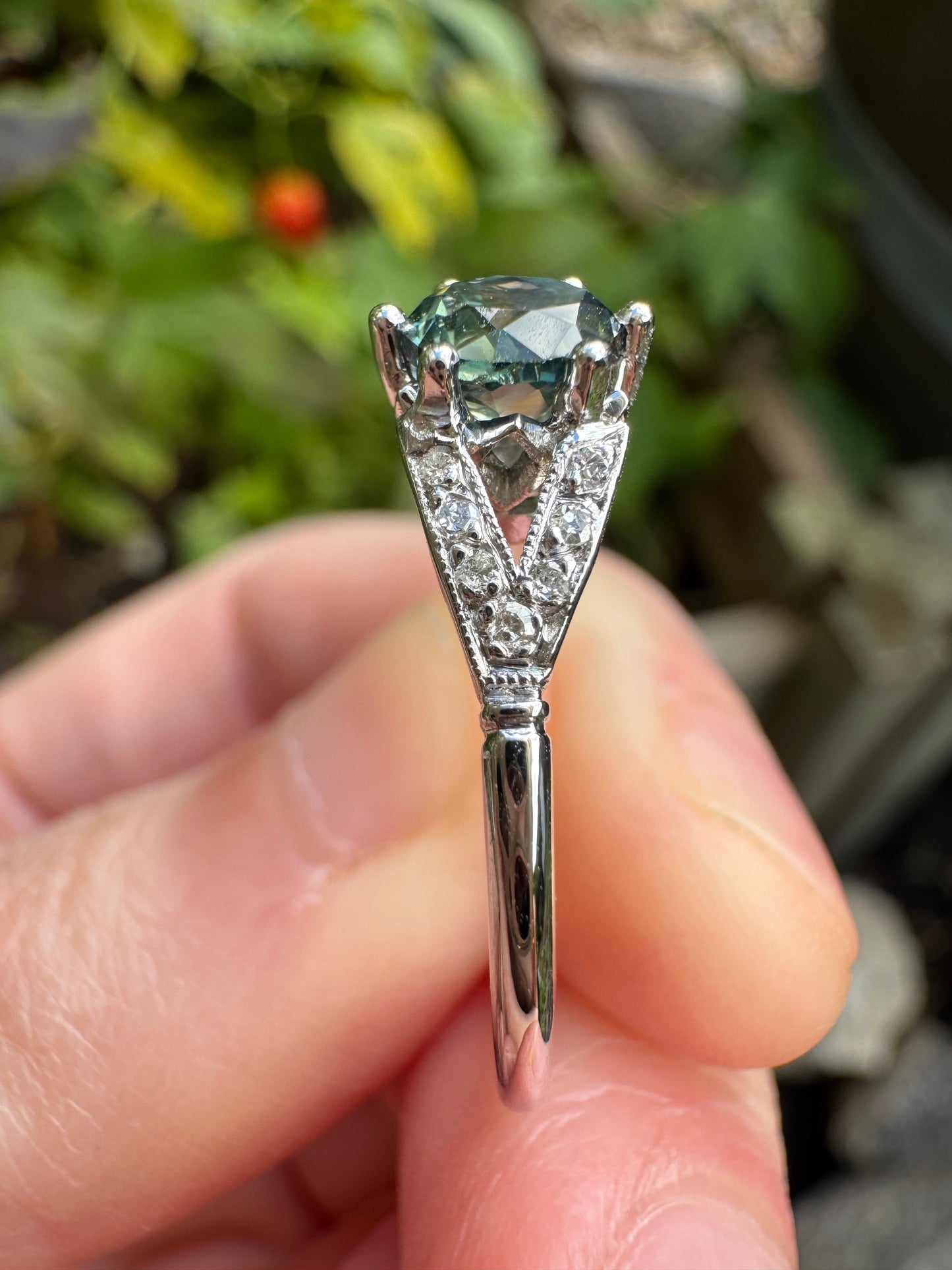 Antique platinum natural Australian parti sapphire and diamond ring