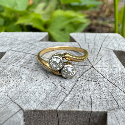Vintage 18ct yellow gold 0.5ct TCW old mine cut diamond toi et moi ring