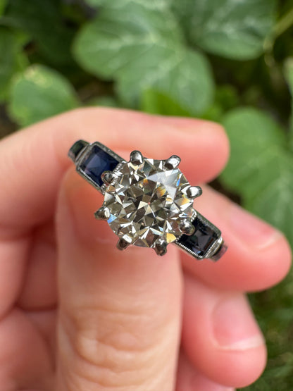 Antique 18ct white gold 0.87ct old European cut diamond and 0.5ct TCW baguette cut natural sapphire ring