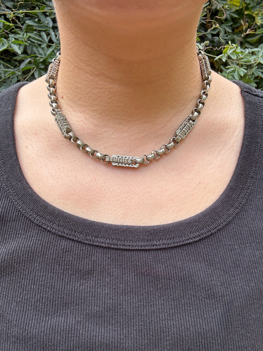 Antique albo silver fancy link chain with dog clips, 42cm / 16.54 inches long