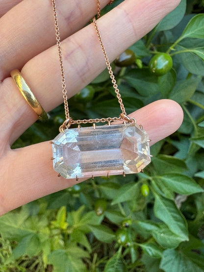Antique 9ct rose gold claw set 16.68ct rock crystal pendant on vintage 9ct rose gold Italian chain, 42cm / 16.64 inches long