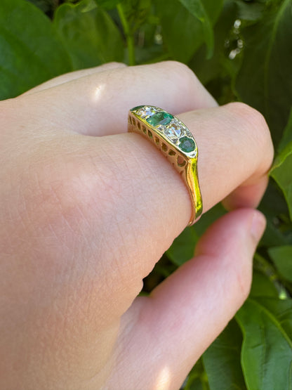 Vintage 18ct yellow gold five stone 0.33ct TCW natural emerald and 0.25ct TCW old mine cut diamond ring