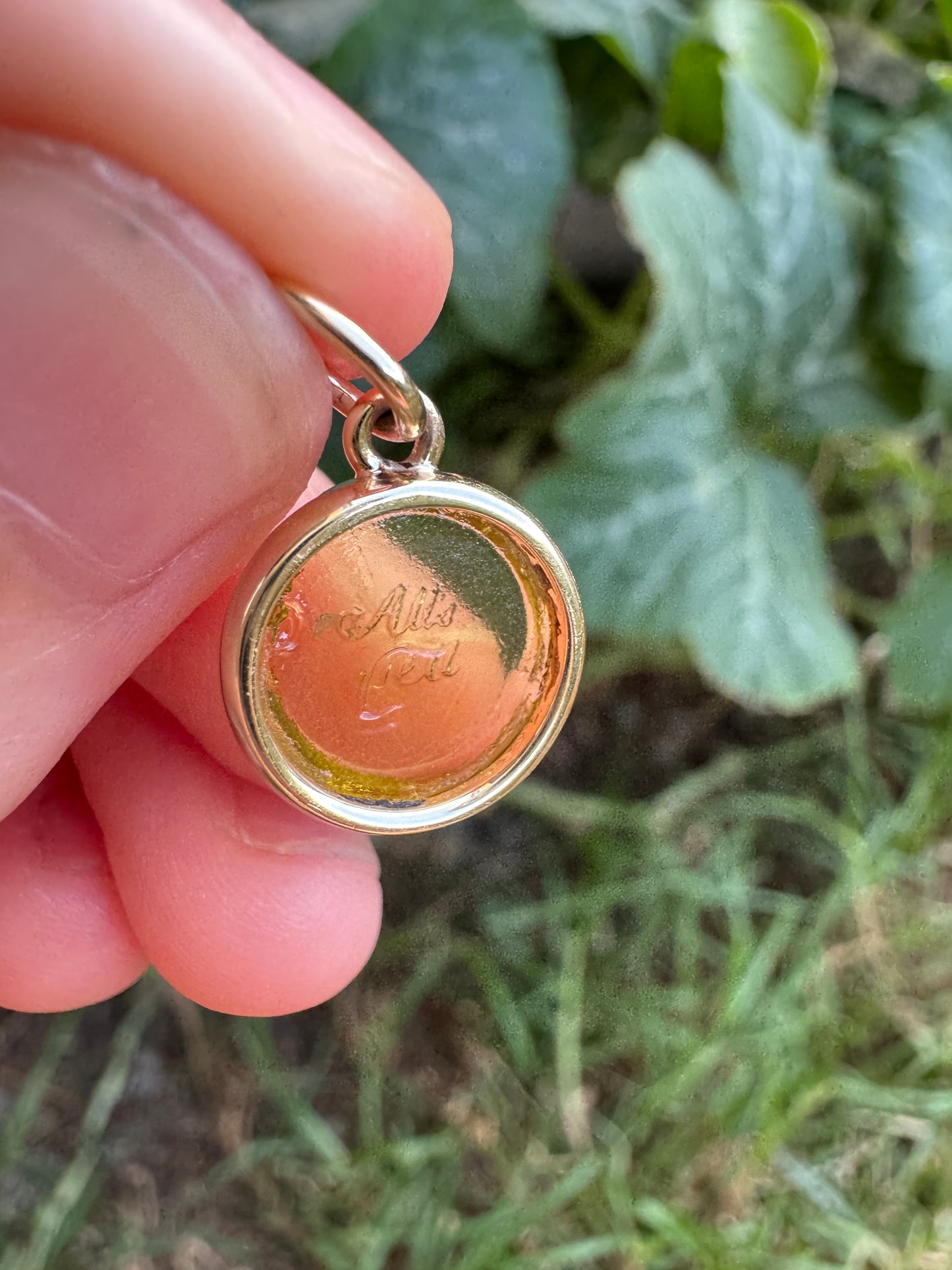 Custom handmade recycled 9ct yellow gold 'All's well' antique paste fob seal bezel set pendant