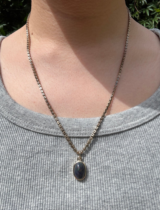 Custom handmade recycled 9ct yellow gold 3.01ct dark opal cabochon bezel set pendant