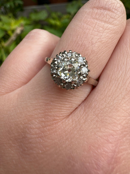 Vintage 18ct white gold 0.75ct TCW old mine cut diamond cluster ring