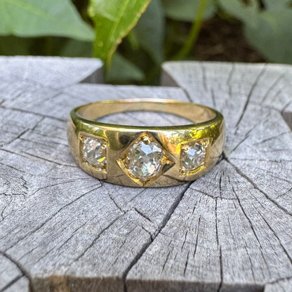 Antique 18ct yellow gold three stone 0.68ct TCW old mine cut diamond gypsy ring