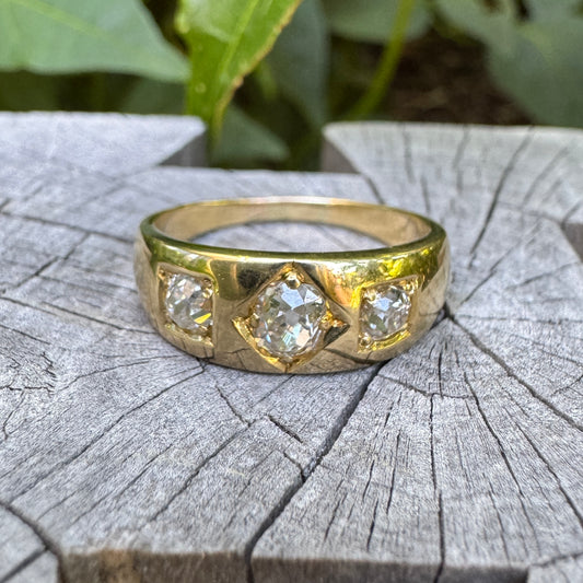 Antique 18ct yellow gold three stone 0.68ct TCW old mine cut diamond gypsy ring