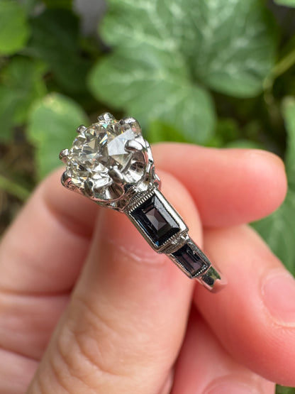 Antique 18ct white gold 0.87ct old European cut diamond and 0.5ct TCW baguette cut natural sapphire ring