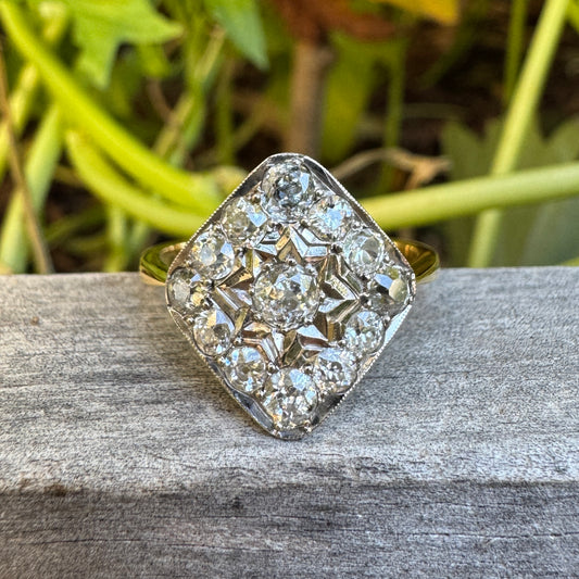 Antique 18ct yellow gold and platinum 1.2ct TCW old mine cut diamond plaque ring