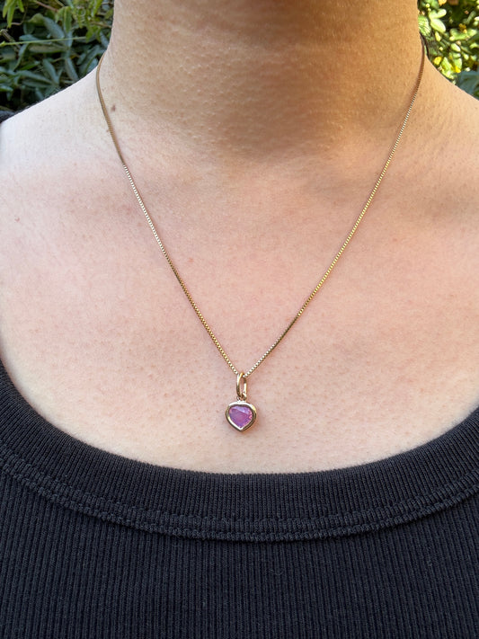 Custom handmade 9ct yellow gold 1.1ct pink sapphire heart bezel set pendant