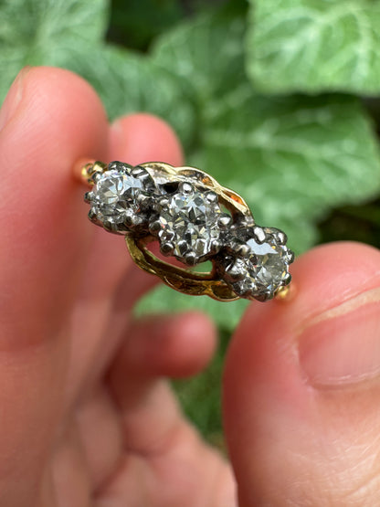 Vintage 18ct yellow gold three stone 0.5ct TCW old European cut diamond crossover ring