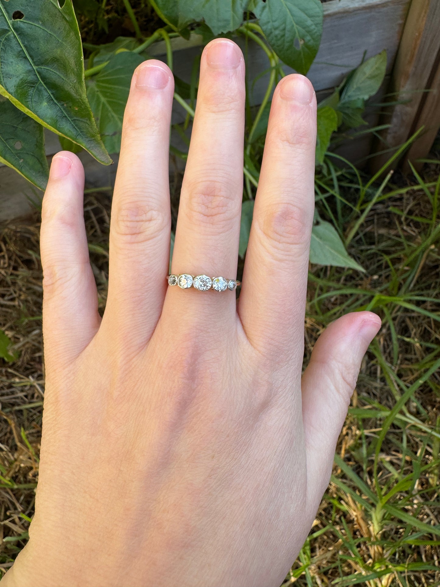 Vintage 18ct yellow gold and platinum five stone 0.69ct TCW old mine cut diamond bezel set ring