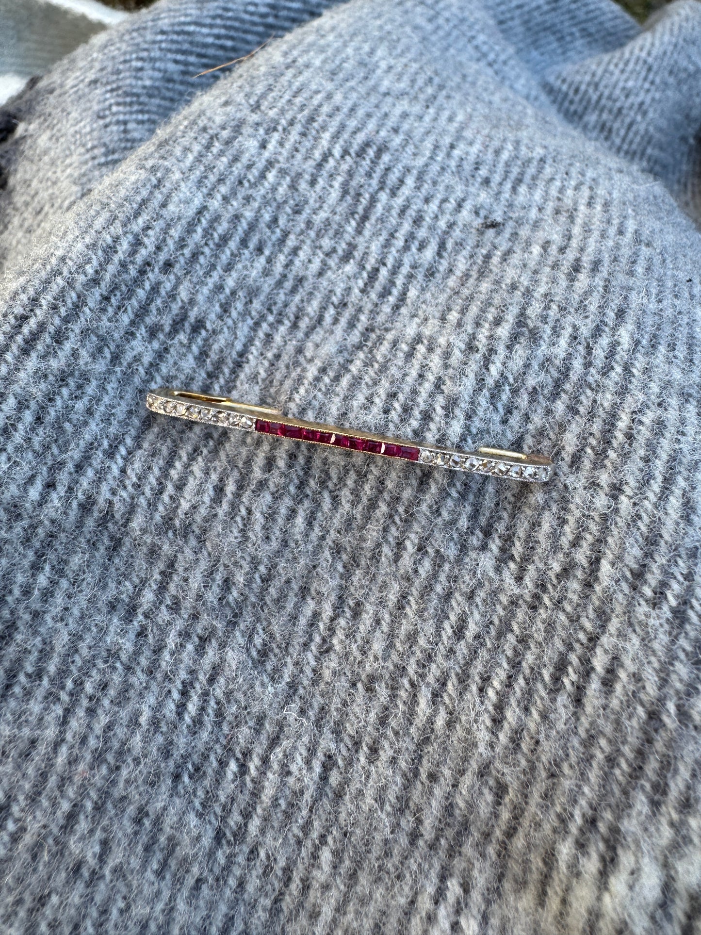 Antique 18ct yellow gold calibre cut ruby and rose cut diamond safety pin brooch/chain extender