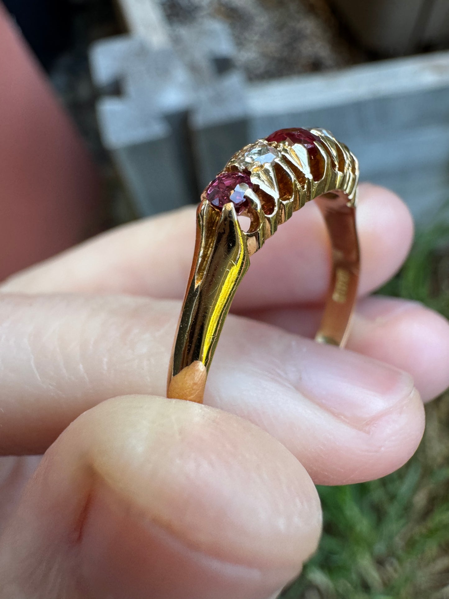 Antique Australian Wendt 18ct yellow gold five stone 0.33ct TCW natural old cut ruby and rose cut diamond ring