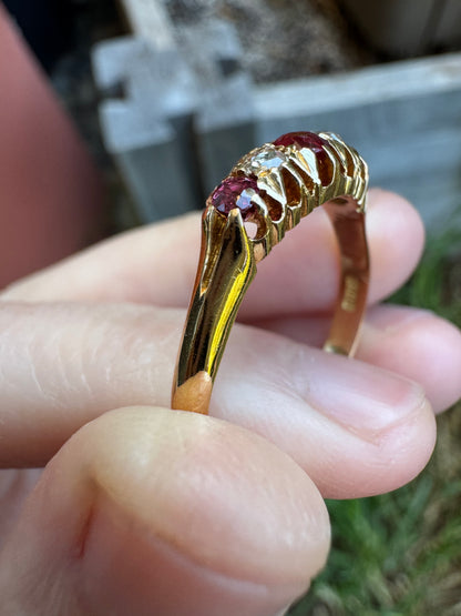 Antique Australian Wendt 18ct yellow gold five stone 0.33ct TCW natural old cut ruby and rose cut diamond ring