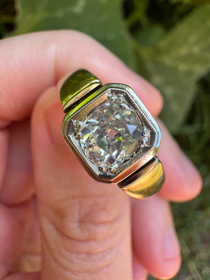 Vintage Mid Century English 9ct yellow and white gold 0.91ct old mine cut diamond signet ring