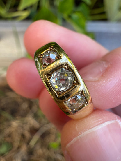 Antique 18ct yellow gold three stone 0.5ct TCW old mine cut diamond gypsy ring